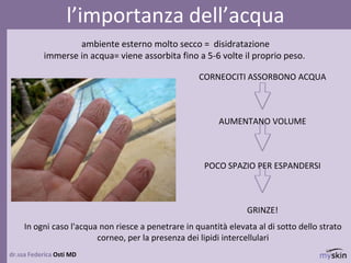 65
ambiente esterno molto secco = disidratazione
immerse in acqua= viene assorbita fino a 5-6 volte il proprio peso.
CORNEOCITI ASSORBONO ACQUA
AUMENTANO VOLUME
POCO SPAZIO PER ESPANDERSI
GRINZE!
dr.ssa Federica Osti MD
l’importanza dell’acqua
In ogni caso l'acqua non riesce a penetrare in quantità elevata al di sotto dello strato
corneo, per la presenza dei lipidi intercellulari
 