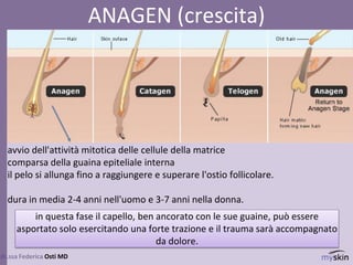 87
dr.ssa Federica Osti MD
ANAGEN (crescita)
avvio dell'attività mitotica delle cellule della matrice
comparsa della guaina epiteliale interna
il pelo si allunga fino a raggiungere e superare l'ostio follicolare.
dura in media 2-4 anni nell'uomo e 3-7 anni nella donna.
in questa fase il capello, ben ancorato con le sue guaine, può essere
asportato solo esercitando una forte trazione e il trauma sarà accompagnato
da dolore.
 
