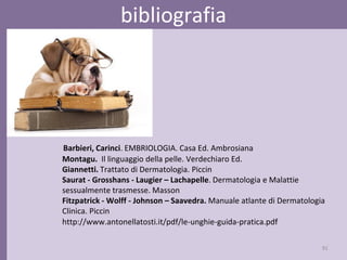 91
bibliografia
Barbieri, Carinci. EMBRIOLOGIA. Casa Ed. Ambrosiana
Montagu. Il linguaggio della pelle. Verdechiaro Ed.
Giannetti. Trattato di Dermatologia. Piccin
Saurat - Grosshans - Laugier – Lachapelle. Dermatologia e Malattie
sessualmente trasmesse. Masson
Fitzpatrick - Wolff - Johnson – Saavedra. Manuale atlante di Dermatologia
Clinica. Piccin
http://www.antonellatosti.it/pdf/le-unghie-guida-pratica.pdf
 
