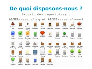 De quoi disposons-nous ?
Extrait des répertoires :
ALGEA/assets/img et ALGEA/assets/sound