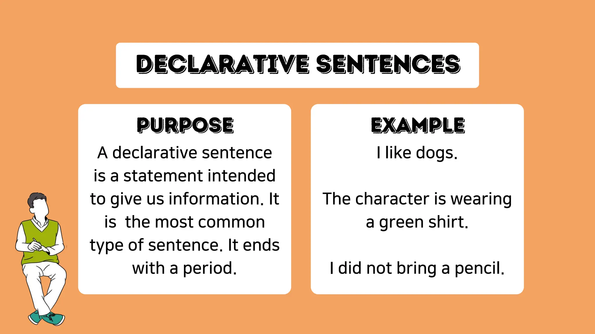 A declarative sentence
is a statement intended
to give us information. It
is the most common
type of sentence. It ends
with a period.
I like dogs.
The character is wearing
a green shirt.
I did not bring a pencil.