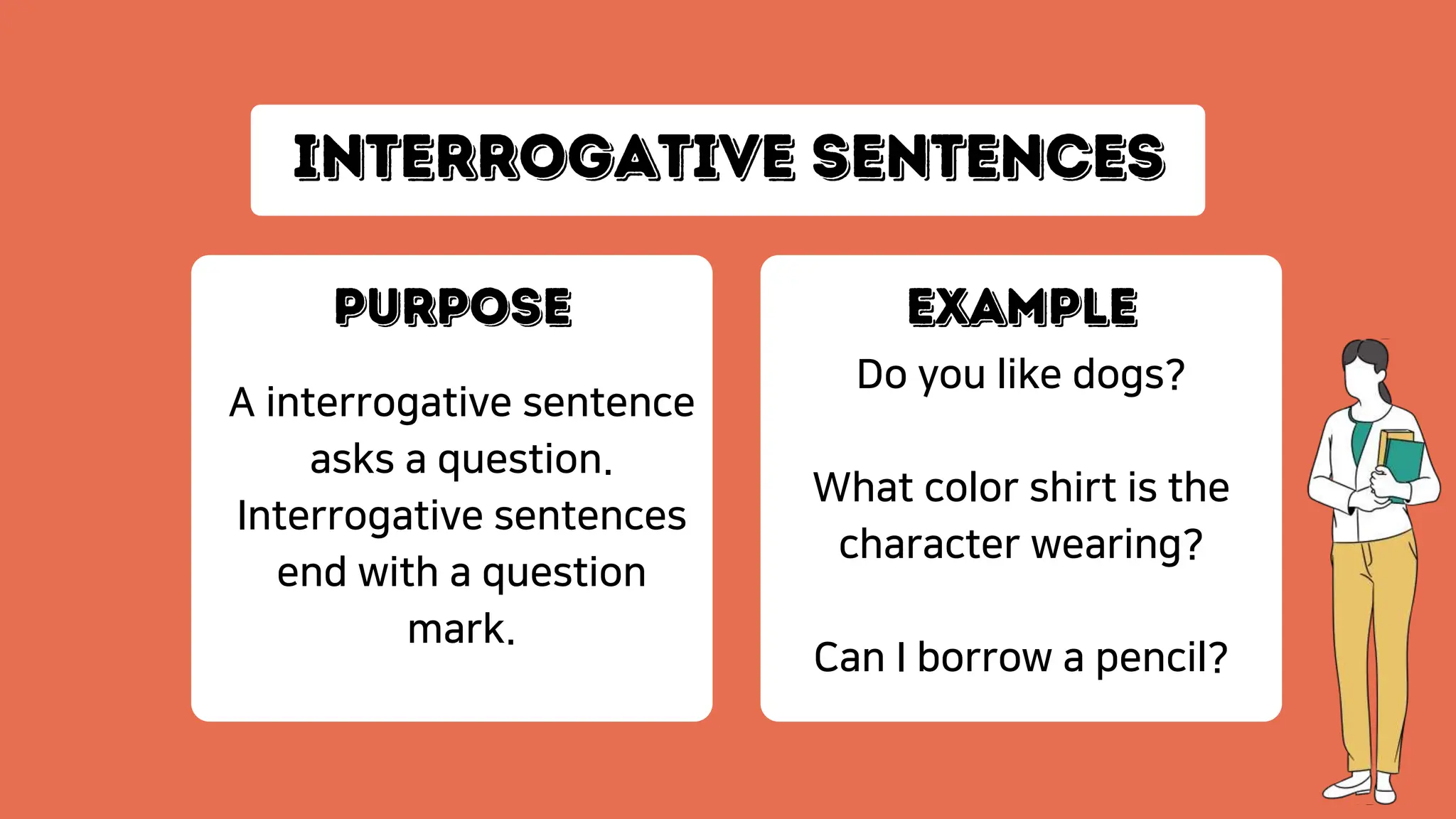 A interrogative sentence
asks a question.
Interrogative sentences
end with a question
mark.
Do you like dogs?
What color shirt is the
character wearing?
Can I borrow a pencil?