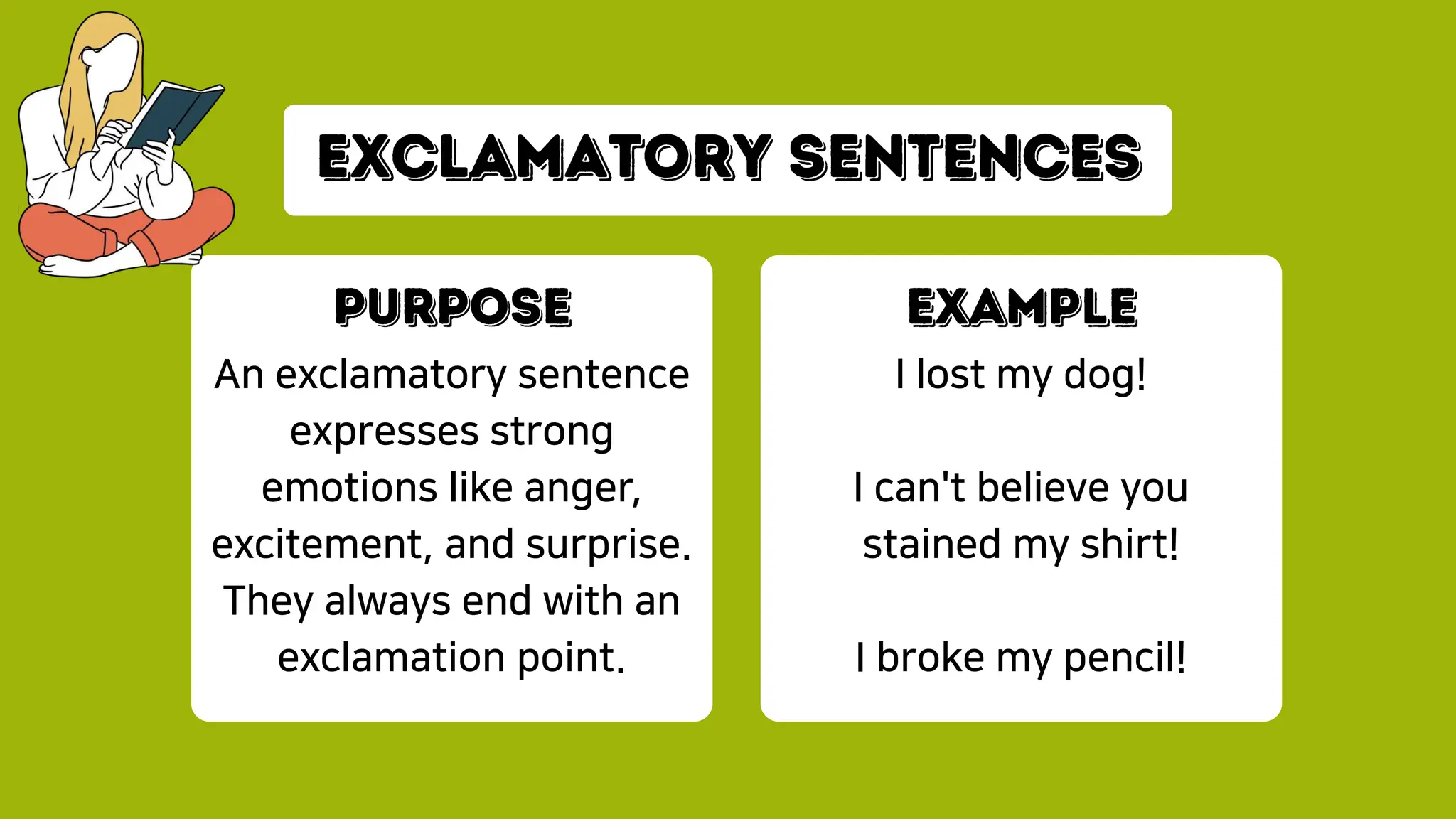 An exclamatory sentence
expresses strong
emotions like anger,
excitement, and surprise.
They always end with an
exclamation point.
I lost my dog!
I can't believe you
stained my shirt!
I broke my pencil!