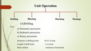 Unit Operation
Drilling Blasting Mucking Haulage
(A)Drilling
Use
a) Pneumatic percussion
b) Hydraulic percussion
c) Rotary percussion
Diameter of drilling holes -45 to 76 mm
Length of drill holes -3 or more
Holes drilled -inclined or horizontal
 