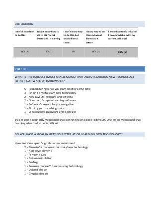 USE	LINKEDIN	
I	don’t	know	how	
to	do	this	
I	don’t	know	how	to	
do	this	&	I'm	not	
interested	in	learning	
I	don’t	know	how	
to	do	this,	but	
would	like	to	
learn	
I	know	how	to	do	
this	and	would	
like	to	do	it	
better	
I	know	how	to	do	this	and	
I’m	comfortable	with	my	
current	skill	level	
14%	(2)	 7%	(1)	 0%	
	
14%	(2)	 64%	(9)	
	
PART	II:		
WHAT	IS	THE	HARDEST	(MOST	CHALLENGING)	PART	ABOUT	LEARNING	NEW	TECHNOLOGY	
(EITHER	SOFTWARE	OR	HARDWARE)?	
	
5	–	Remembering	what	you	learned	after	some	time	
3	–	Finding	time	to	learn	new	technology	
2	–	New	layouts,	versions	and	systems	
2	–	Number	of	steps	in	learning	software	
1	–	Software’s	vocabulary	or	navigation	
1	–	Finding	good	teaching	tools	
1	–	Creating	new	passwords	for	each	site	
	
Two	testers	specifically	mentioned	that	learning	how	to	code	is	difficult.	One	tester	mentioned	that	
learning	advanced	excel	is	difficult.	
	
DO	YOU	HAVE	A	GOAL	IN	GETTING	BETTER	AT	OR	LEARNING	NEW	TECHNOLOGY?	
	
Here	are	some	specific	goals	testers	mentioned:	
2	–	More	information	about	tools/new	technology	
1	–	App	development	
1	–	Privacy	issues	
1	–	Data	manipulation	
1	–	Coding		
1	–	Become	more	efficient	in	using	technology	
1	–	Upload	photos	
1	–	Graphic	design	
	
 