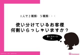 Copyright Reserved 　 (C)2014 　 COSMEKER.All.Right
1 人で 2 種類・ 3 種類・・・
使い分けているお客様
何割いらっしゃいますか？
置くスペース
…が
 