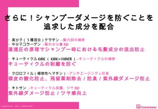 Copyright Reserved 　 (C)2014 　 COSMEKER.All.Right
さらに！シャンプーダメージを防ぐことを
追求した成分を配合
・高分子（ 3 種混合）ケラチン →髪内部の補修
・中分子コラーゲン →髪の水分量 UP
浸透圧の原理でシャンプー時における毛髪成分の流出防止
・キューティクル CMC （ CMC+18MEA ）→キューティクルの補修
キューティクルの剥離を防ぐ
・クロロフィル（植物性ヘマチン）→アンチエージング & 防臭
頭皮の酸化防止、残留薬剤除去／防臭／紫外線ダメージ防止
・キトサン →キューティクル保護、ツヤ UP
紫外線ダメージ防止／ツヤ感向上
 