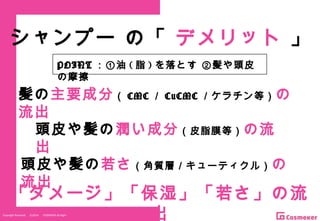 Copyright Reserved 　 (C)2014 　 COSMEKER.All.Right
シャンプー の「 デメリット 」
髪の主要成分（ CMC ／ CuCMC ／ケラチン等）の
流出
頭皮や髪の潤い成分（皮脂膜等）の流
出
頭皮や髪の若さ（角質層／キューティクル）の
流出
POINT ：①油 ( 脂 ) を落とす ②髪や頭皮
の摩擦
「ダメージ」「保湿」「若さ」の流
出
 
