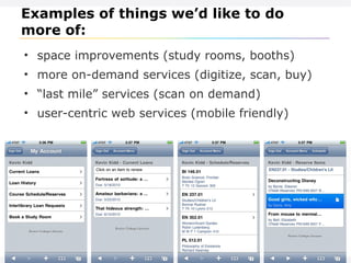 Examples of things we ’d like to do more of: space improvements (study rooms, booths) more on-demand services (digitize, scan, buy)  “ last mile” services (scan on demand) user-centric web services (mobile friendly)  