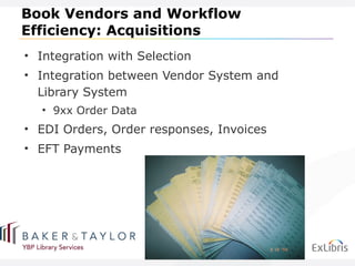 Book Vendors and Workflow Efficiency: Acquisitions Integration with Selection Integration between Vendor System and Library System 9xx Order Data EDI Orders, Order responses, Invoices EFT Payments 