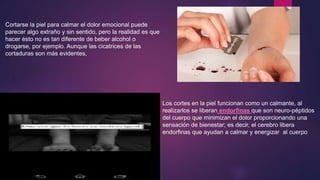 Cortarse la piel para calmar el dolor emocional puede
parecer algo extraño y sin sentido, pero la realidad es que
hacer ésto no es tan diferente de beber alcohol o
drogarse, por ejemplo. Aunque las cicatrices de las
cortaduras son más evidentes,
Los cortes en la piel funcionan como un calmante, al
realizarlos se liberan endorfinas que son neuro-péptidos
del cuerpo que minimizan el dolor proporcionando una
sensación de bienestar; es decir, el cerebro libera
endorfinas que ayudan a calmar y energizar al cuerpo
 