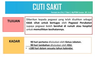 KADAR 90 hari pertama diluluskan oleh Ketua Jabatan.
90 hari tambahan diluluskan oleh KSU.
• =180 hari dalam sesuatu tahun kalendar.
TUJUAN
Diberikan kepada pegawai yang telah disahkan sebagai
tidak sihat untuk bertugas oleh Pegawai Perubatan
supaya pegawai boleh berehat di rumah atau hospital
untuk memulihkan kesihatannya.
CUTI SAKIT
Perintah Am (P.A) 17 Bab C; MyPPSM Ceraian SR. 5.4.9
 