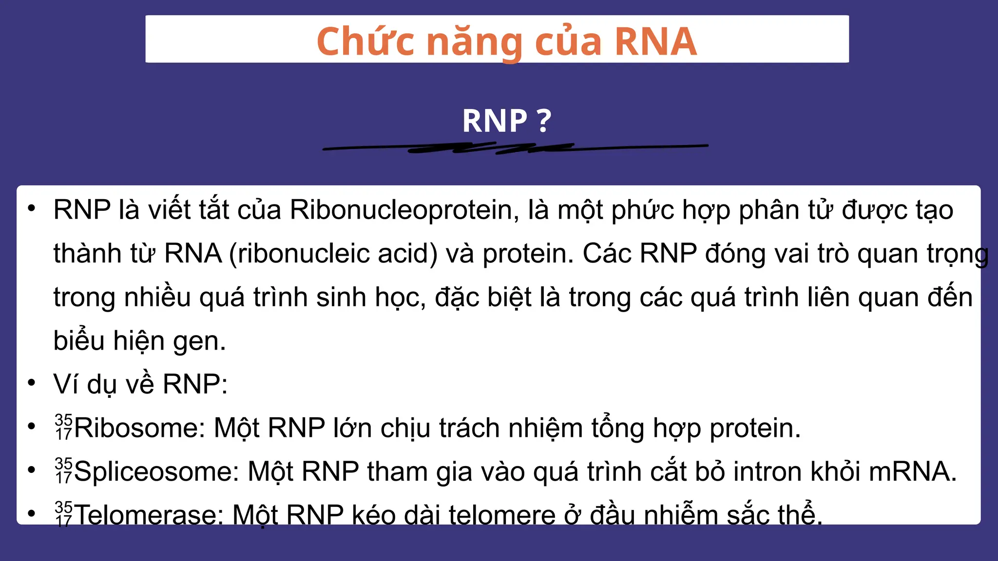 Chức năng của RNA
RNP ?
• RNP là viết tắt của Ribonucleoprotein, là một phức hợp phân tử được tạo
thành từ RNA (ribonucleic acid) và protein. Các RNP đóng vai trò quan trọng
trong nhiều quá trình sinh học, đặc biệt là trong các quá trình liên quan đến
biểu hiện gen.
• Ví dụ về RNP:
• Ribosome: Một RNP lớn chịu trách nhiệm tổng hợp protein.
• Spliceosome: Một RNP tham gia vào quá trình cắt bỏ intron khỏi mRNA.
• Telomerase: Một RNP kéo dài telomere ở đầu nhiễm sắc thể.
 