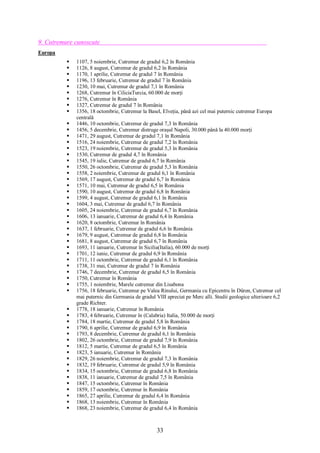 33
9. Cutremure cunoscute
Europa
 1107, 5 noiembrie, Cutremur de gradul 6,2 în România
 1126, 8 august, Cutremur de gradul 6,2 în România
 1170, 1 aprilie, Cutremur de gradul 7 în România
 1196, 13 februarie, Cutremur de gradul 7 în România
 1230, 10 mai, Cutremur de gradul 7,1 în România
 1268, Cutremur în CiliciaTurcia, 60.000 de morți
 1276, Cutremur în România
 1327, Cutremur de gradul 7 în România
 1356, 18 octombrie, Cutremur la Basel, Elveția, până azi cel mai puternic cutremur Europa
centrală
 1446, 10 octombrie, Cutremur de gradul 7,3 în România
 1456, 5 decembrie, Cutremur distruge orașul Napoli, 30.000 până la 40.000 morți
 1471, 29 august, Cutremur de gradul 7,1 în România
 1516, 24 noiembrie, Cutremur de gradul 7,2 în România
 1523, 19 noiembrie, Cutremur de gradul 5,3 în România
 1530, Cutremur de gradul 4,7 în România
 1545, 19 iulie, Cutremur de gradul 6,7 în România
 1550, 26 octombrie, Cutremur de gradul 5,3 în România
 1558, 2 noiembrie, Cutremur de gradul 6,1 în România
 1569, 17 august, Cutremur de gradul 6,7 în România
 1571, 10 mai, Cutremur de gradul 6,5 în România
 1590, 10 august, Cutremur de gradul 6,8 în România
 1599, 4 august, Cutremur de gradul 6,1 în România
 1604, 3 mai, Cutremur de gradul 6,7 în România
 1605, 24 noiembrie, Cutremur de gradul 6,7 în România
 1606, 13 ianuarie, Cutremur de gradul 6,4 în România
 1620, 8 octombrie, Cutremur în România
 1637, 1 februarie, Cutremur de gradul 6,6 în România
 1679, 9 august, Cutremur de gradul 6,8 în România
 1681, 8 august, Cutremur de gradul 6,7 în România
 1693, 11 ianuarie, Cutremur în Sicilia(Italia), 60.000 de morți
 1701, 12 iunie, Cutremur de gradul 6,9 în România
 1711, 11 octombrie, Cutremur de gradul 6,1 în România
 1738, 31 mai, Cutremur de gradul 7 în România
 1746, 7 decembrie, Cutremur de gradul 6,5 în România
 1750, Cutremur în România
 1755, 1 noiembrie, Marele cutremur din Lisabona
 1756, 18 februarie, Cutremur pe Valea Rinului, Germania cu Epicentru în Düren, Cutremur cel
mai puternic din Germania de gradul VIII apreciat pe Merc alli. Studii geologice ulterioare 6,2
grade Richter.
 1778, 18 ianuarie, Cutremur în România
 1783, 4 februarie, Cutremur în (Calabria) Italia, 50.000 de morți
 1784, 18 martie, Cutremur de gradul 5,8 în România
 1790, 6 aprilie, Cutremur de gradul 6,9 în România
 1793, 8 decembrie, Cutremur de gradul 6,1 în România
 1802, 26 octombrie, Cutremur de gradul 7,9 în România
 1812, 5 martie, Cutremur de gradul 6,5 în România
 1823, 5 ianuarie, Cutremur în România
 1829, 26 noiembrie, Cutremur de gradul 7,3 în România
 1832, 19 februarie, Cutremur de gradul 5,9 în România
 1834, 15 octombrie, Cutremur de gradul 6,8 în România
 1838, 11 ianuarie, Cutremur de gradul 7,5 în România
 1847, 15 octombrie, Cutremur în România
 1859, 17 octombrie, Cutremur în România
 1865, 27 aprilie, Cutremur de gradul 6,4 în România
 1868, 13 noiembrie, Cutremur în România
 1868, 23 noiembrie, Cutremur de gradul 6,4 în România
 