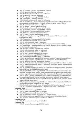 34
 1868, 27 noiembrie, Cutremur de gradul 6,1 în România
 1879, 10 octombrie, Cutremur în România
 1880, 3 octombrie, Cutremur de gradul 5,3 în România
 1892, 14 octombrie, Cutremur în România
 1894, 31 august, Cutremur de gradul 6,5 în România
 1894, 2 septembrie, Cutremur în România
 1908, 6 octombrie, Cutremur de gradul 7,1 în România
 1908, 28 decembrie, (7,5 grade) Cutremurul distruge Messina (Sicilia) și Reggio Calabria (pe
peninsula Italiei) circa 84.000 morți (70.000 în Messina, 15.000 în Reggio Calabria).
 1912, 25 mai, Cutremur de gradul 6,3 în România
 1915, 13 ianuarie, Cutremur în Avezzano Italia
 1915, 9 octombrie, Cutremur de gradul 4,5 în România
 1915, 19 octombrie, Cutremur de gradul 4,8 în România
 1916, 26 ianuarie, Cutremur de gradul 6,4 în România
 1923, 3 februarie, Cutremur de gradul 8,5 în Rusia
 1934, 29 martie, Cutremur de gradul 6,9 în România
 1940, 10 noiembrie, Cutremur de gradul 7,4 în România, circa 1.000 de morți (vezi și
Cutremurul din 1940)
 1945, 7 septembrie, Cutremur de gradul 6,5 în România
 1952, 4 noiembrie, Cutremur de gradul 9 în Rusia
 1959, 27 mai, Cutremur de gradul 5 în România
 1977, 4 martie, Cutremur de gradul 7,2 în România (vezi și Cutremurul din 1977)
 1978, 3 septembrie, Cutremur de gradul 5,7 în Albstadt, Schwäbische Alb, Germania Pagube
în valoare de milioane de mărci.
 1986, 30 august, Cutremur de gradul 7,1 în România
 1990, 30 mai, Cutremur de gradul 6,9 în România
 1990, 31 mai, Cutremur de gradul 6,4 în România
 1991, 12 iulie, Cutremur de gradul 5,7 în România
 1991, 18 iulie, Cutremur de gradul 5,5 în România
 1991, 2 decembrie, Cutremur de gradul 5,6 în România
 1992, 13 aprilie, Cutremur de gradul 5,9 în Roermond graniță cu Olanda și Germania, 1 mort
 1999, 17 august, Cutremur de gradul 7,4 în nord-vestul Turciei, peste 20.000 de morți
 2004, 27 octombrie, Cutremur de gradul 6 în România
 2006, 8 ianuarie, Cutremur de gradul 6,9 în Grecia , Epicentru circa 200 km sud-vest de Atena
 2007, 21 februarie, Cutremur de gradul 6,2 în Norvegia; este cel mai puternic seism inregistrat
vreodată în această țară
 2008, 16 decembrie, Cutremur de gradul 4,7 în Suedia; Nu s-au inregistrat victime; este cel mai
puternic cutremur din Suedia din ultimii 100 de ani.
 2009, 6 aprilie 2009, cutremur de gradul 6,3 în Italia. Cutremurul este considerat cel mai grav
inregistrat în Italia în ultimii zece ani. După cutremur au fost inregistrate circa 280 de replici,
unele cu magnitudinea de moment 6,2 și al căror hipocentru a fost localizat în zona L'Aquila.
 2009, 25 aprilie, Cutremur de gradul 5,02 (scara Richter) cu epicentru la 95,80 km adâncime,
în zona Vrancea, România. Nu s-au inregistrat victime; a fost resimțit în puține localități.
 2009, 5 august, Cutremur de gradul 5,5 (scara Richter) cu epicentru la 6 km adâncime, în zona
Shabla, Bulgaria, Marea Neagră.
 2009, 6 septembrie, Cutremur de gradul 5,2 (scara Richter) în Peshkopia, nord-estul Albaniei.
Seismul a produs pagube materiale, dar nu și victime.
 2011, 4 octombrie, Cutremur de gradul 4,8 (scara Richter) în Romania, regiunea Vrancea, ora
5:40. Nu s-au semnalat pagube materiale. Cutremurul a fost Simțit și în Bucuresti.
America de Nord
 1957, 9 martie, cutremur de gradul 8,6 în Alaska
 1964, 28 martie, cutremur de gradul 9,2 în Alaska
 1965, 4 februarie, cutremur de gradul 8,7 în Alaska
 1985, 19 septembrie, cutremur de gradul 8,1 în Ciudad de Mexico
 2007, 9 ianuarie, cutremur de gradul 5,6 în provincia Columbia Britanică din Canada
 2012, 20 martie, cutremur de gradul 7,4 în Ciudad de Mexico
America Centrală
 2010, 12 ianuarie, cutremur de gradul 7,0 în Haiti
America de Sud
 1906, 31 ianuarie, Cutremur de gradul 8,8 în Ecuador
 