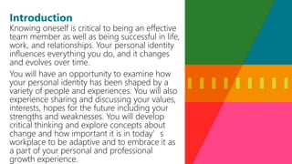 Introduction
Knowing oneself is critical to being an effective
team member as well as being successful in life,
work, and relationships. Your personal identity
influences everything you do, and it changes
and evolves over time.
You will have an opportunity to examine how
your personal identity has been shaped by a
variety of people and experiences. You will also
experience sharing and discussing your values,
interests, hopes for the future including your
strengths and weaknesses. You will develop
critical thinking and explore concepts about
change and how important it is in today’s
workplace to be adaptive and to embrace it as
a part of your personal and professional
growth experience.
 