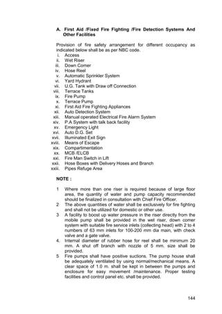 144
A. First Aid /Fixed Fire Fighting /Fire Detection Systems And
Other Facilities
Provision of fire safety arrangement for different occupancy as
indicated below shall be as per NBC code.
i. Access
ii. Wet Riser
iii. Down Comer
iv. Hose Reel
v. Automatic Sprinkler System
vi. Yard Hydrant
vii. U.G. Tank with Draw off Connection
viii. Terrace Tanks
ix. Fire Pump
x. Terrace Pump
xi. First Aid Fire Fighting Appliances
xii. Auto Detection System
xiii. Manual operated Electrical Fire Alarm System
xiv. P.A System with talk back facility
xv. Emergency Light
xvi. Auto D.G. Set
xvii. Illuminated Exit Sign
xviii. Means of Escape
xix. Compartimentation
xx. MCB /ELCB
xxi. Fire Man Switch in Lift
xxii. Hose Boxes with Delivery Hoses and Branch
xxiii. Pipes Refuge Area
NOTE :
1 Where more than one riser is required because of large floor
area, the quantity of water and pump capacity recommended
should be finalized in consultation with Chief Fire Officer.
2 The above quantities of water shall be exclusively for fire fighting
and shall not be utilized for domestic or other use.
3 A facility to boost up water pressure in the riser directly from the
mobile pump shall be provided in the wet riser, down comer
system with suitable fire service inlets (collecting head) with 2 to 4
numbers of 63 mm inlets for 100-200 mm dia main, with check
valve and a gate valve.
4. Internal diameter of rubber hose for reel shall be minimum 20
mm. A shut off branch with nozzle of 5 mm. size shall be
provided.
5 Fire pumps shall have positive suctions. The pump house shall
be adequately ventilated by using normal/mechanical means. A
clear space of 1.0 m. shall be kept in between the pumps and
enclosure for easy movement /maintenance. Proper testing
facilities and control panel etc. shall be provided.
 