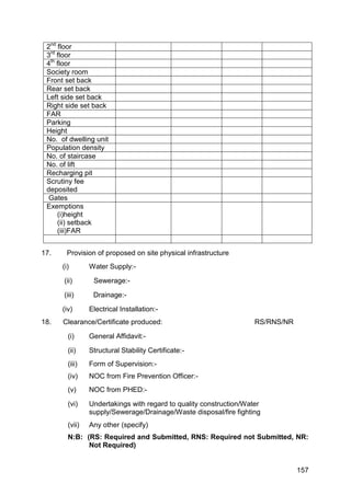 157
2nd
floor
3rd
floor
4th
floor
Society room
Front set back
Rear set back
Left side set back
Right side set back
FAR
Parking
Height
No. of dwelling unit
Population density
No. of staircase
No. of lift
Recharging pit
Scrutiny fee
deposited
Gates
Exemptions
(i)height
(ii) setback
(iii)FAR
17. Provision of proposed on site physical infrastructure
(i) Water Supply:-
(ii) Sewerage:-
(iii) Drainage:-
(iv) Electrical Installation:-
18. Clearance/Certificate produced: RS/RNS/NR
(i) General Affidavit:-
(ii) Structural Stability Certificate:-
(iii) Form of Supervision:-
(iv) NOC from Fire Prevention Officer:-
(v) NOC from PHED:-
(vi) Undertakings with regard to quality construction/Water
supply/Sewerage/Drainage/Waste disposal/fire fighting
(vii) Any other (specify)
N:B: (RS: Required and Submitted, RNS: Required not Submitted, NR:
Not Required)
 
