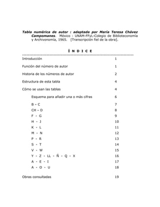 Tabla numérica de autor : adaptada por María Teresa Chávez
Campomanes. México : UNAM-FFyL-Colegio de Biblioteconomía
y Archivonomía, 1965. [Transcripción fiel de la obra].
Í N D I C E
------------------------------------------------------------------------------
Introducción 1
Función del número de autor 1
Historia de los números de autor 2
Estructura de esta tabla 4
Cómo se usan las tablas 4
Esquema para añadir una o más cifras 6
B – C 7
CH – D 8
F - G 9
H - J 10
K - L 11
M - N 12
P - R 13
S - T 14
V - W 15
Y - Z - LL - Ñ - Q - X 16
A - E - I 17
A - O - U 18
Obras consultadas 19
 