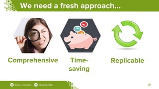 We need a fresh approach...
18@sam_marsden BrightonSEO
Comprehensive Time-
saving
Replicable
 
