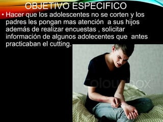 OBJETIVO ESPECIFICO
• Hacer que los adolescentes no se corten y los
padres les pongan mas atención a sus hijos
además de realizar encuestas , solicitar
información de algunos adolecentes que antes
practicaban el cutting.
 