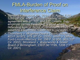 FMLA-Burden of Proof on
       Interference Claim
• Sanders v. Newport, Or., 2011 U.S. App. LEXIS
  5263 (9th Cir. Mar. 17, 2011) (holding, in
  agreement with 8th, 10th and 11th Circuits, that
  employer carries the burden of proof when
  defending against denial of reinstatement by
  asserting a legitimate reason not to reinstate)
• Thornberry v. Mcgehee Desha County Hospital,
  403 F.3d 972, 979 (8th Cir. 2005); Smith v. Diffee
  Ford-Lincoln-Mercury, Inc. 298 F.3d 955, 963 (10th
  Cir. 2002); Strickland v. Waterworks & Sewer
  Board of Birmingham, 239 F.3d 1199, 1208 (11th
  Cir. 2001)
 