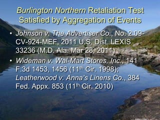 Burlington Northern Retaliation Test
  Satisfied by Aggregation of Events
• Johnson v. The Advertiser Co., No. 2:09-
  CV-924-MEF, 2011 U.S. Dist. LEXIS
  33236 (M.D. Ala. Mar 28, 2011)
• Wideman v. Wal-Mart Stores, Inc., 141
  F.3d 1453, 1456 (11th Cir. 1998);
  Leatherwood v. Anna’s Linens Co., 384
  Fed. Appx. 853 (11th Cir. 2010)
 