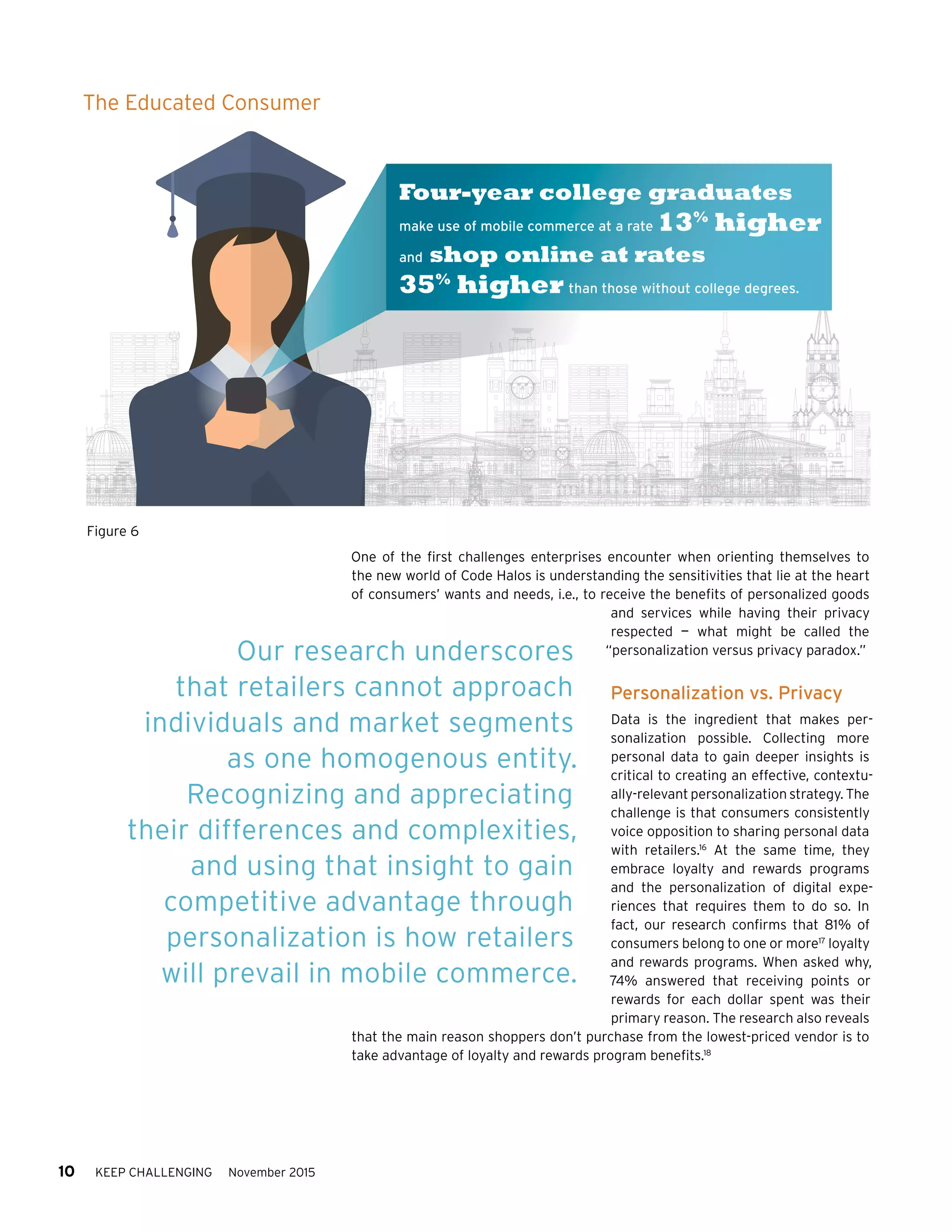 10 KEEP CHALLENGING November 2015
One of the first challenges enterprises encounter when orienting themselves to
the new world of Code Halos is understanding the sensitivities that lie at the heart
of consumers’ wants and needs, i.e., to receive the benefits of personalized goods
and services while having their privacy
respected — what might be called the
“personalization versus privacy paradox.”
Personalization vs. Privacy
Data is the ingredient that makes per-
sonalization possible. Collecting more
personal data to gain deeper insights is
critical to creating an effective, contextu-
ally-relevant personalization strategy. The
challenge is that consumers consistently
voice opposition to sharing personal data
with retailers.16
At the same time, they
embrace loyalty and rewards programs
and the personalization of digital expe-
riences that requires them to do so. In
fact, our research confirms that 81% of
consumers belong to one or more17
loyalty
and rewards programs. When asked why,
74% answered that receiving points or
rewards for each dollar spent was their
primary reason. The research also reveals
that the main reason shoppers don’t purchase from the lowest-priced vendor is to
take advantage of loyalty and rewards program benefits.18
Four-year college graduates
make use of mobile commerce at a rate 13%
higher
and shop online at rates
35%
higher than those without college degrees.
Our research underscores
that retailers cannot approach
individuals and market segments
as one homogenous entity.
Recognizing and appreciating
their differences and complexities,
and using that insight to gain
competitive advantage through
personalization is how retailers
will prevail in mobile commerce.
The Educated Consumer
Figure 6
 