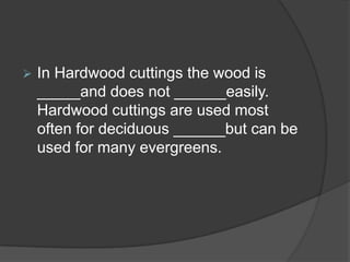    In Hardwood cuttings the wood is
    _____and does not ______easily.
    Hardwood cuttings are used most
    often for deciduous ______but can be
    used for many evergreens.
 