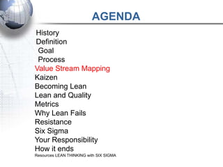 AGENDA
History
Definition
 Goal
 Process
Value Stream Mapping
Kaizen
Becoming Lean
Lean and Quality
Metrics
Why Lean Fails
Resistance
Six Sigma
Your Responsibility
How it ends
Resources LEAN THINKING with SIX SIGMA
 