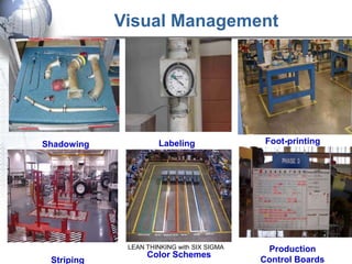 Visual Management




Shadowing            Labeling                Foot-printing




             LEAN THINKING with SIX SIGMA    Production
                  Color Schemes
 Striping                                   Control Boards
 