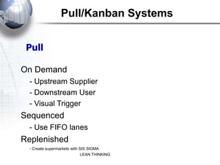 Pull/Kanban Systems


 Pull

On Demand
  - Upstream Supplier
  - Downstream User
  - Visual Trigger
Sequenced
  - Use FIFO lanes
Replenished
  - Create supermarkets with SIX SIGMA
                              LEAN THINKING
 