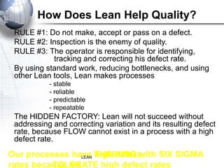 How Does Lean Help Quality?
 RULE #1: Do not make, accept or pass on a defect.
 RULE #2: Inspection is the enemy of quality.
 RULE #3: The operator is responsible for identifying,
            tracking and correcting his defect rate.
 By using standard work, reducing bottlenecks, and using
 other Lean tools, Lean makes processes
           - stable
           - reliable
           - predictable
           - repeatable
 The HIDDEN FACTORY: Lean will not succeed without
 addressing and correcting variation and its resulting defect
 rate, because FLOW cannot exist in a process with a high
 defect rate.

Our processes have THINKING with SIX SIGMA
                 LEAN high defect

          TOLERATE high defect rates
rates because we
 