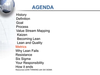 AGENDA
History
Definition
Goal
Process
Value Stream Mapping
 Kaizen
 Becoming Lean
 Lean and Quality
Metrics
Why Lean Fails
Resistance
Six Sigma
Your Responsibility
How it ends
Resources LEAN THINKING with SIX SIGMA
 