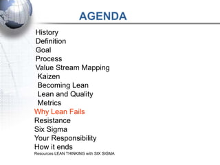 AGENDA
History
Definition
Goal
Process
Value Stream Mapping
 Kaizen
 Becoming Lean
 Lean and Quality
 Metrics
Why Lean Fails
Resistance
Six Sigma
Your Responsibility
How it ends
Resources LEAN THINKING with SIX SIGMA
 
