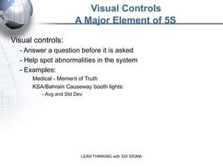 Visual Controls
                      A Major Element of 5S
Visual controls:
  - Answer a question before it is asked
  - ...