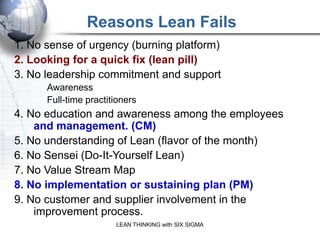 Reasons Lean Fails
1. No sense of urgency (burning platform)
2. Looking for a quick fix (lean pill)
3. No leadership commi...