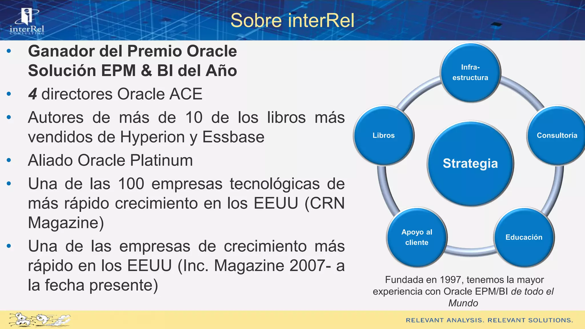 Sobre interRel
• Ganador del Premio Oracle
Solución EPM & BI del Año
• 4 directores Oracle ACE
• Autores de más de 10 de los libros más
vendidos de Hyperion y Essbase
• Aliado Oracle Platinum
• Una de las 100 empresas tecnológicas de
más rápido crecimiento en los EEUU (CRN
Magazine)
• Una de las empresas de crecimiento más
rápido en los EEUU (Inc. Magazine 2007- a
la fecha presente)
Strategia
Infra-
estructura
Consultoría
Educación
Apoyo al
cliente
Libros
Fundada en 1997, tenemos la mayor
experiencia con Oracle EPM/BI de todo el
Mundo
 