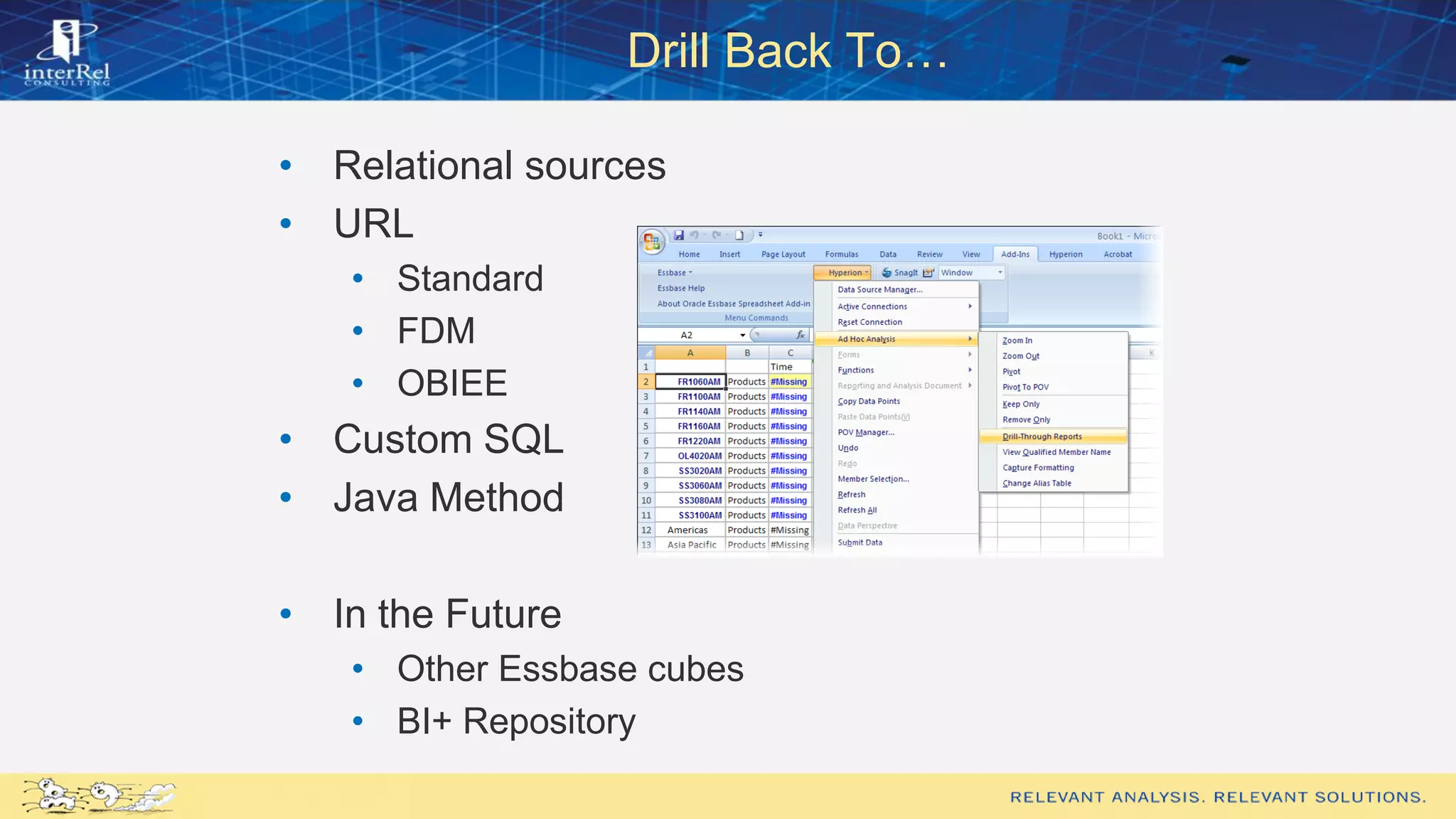 Drill Back To…
• Relational sources
• URL
• Standard
• FDM
• OBIEE
• Custom SQL
• Java Method
• In the Future
• Other Essbase cubes
• BI+ Repository
 
