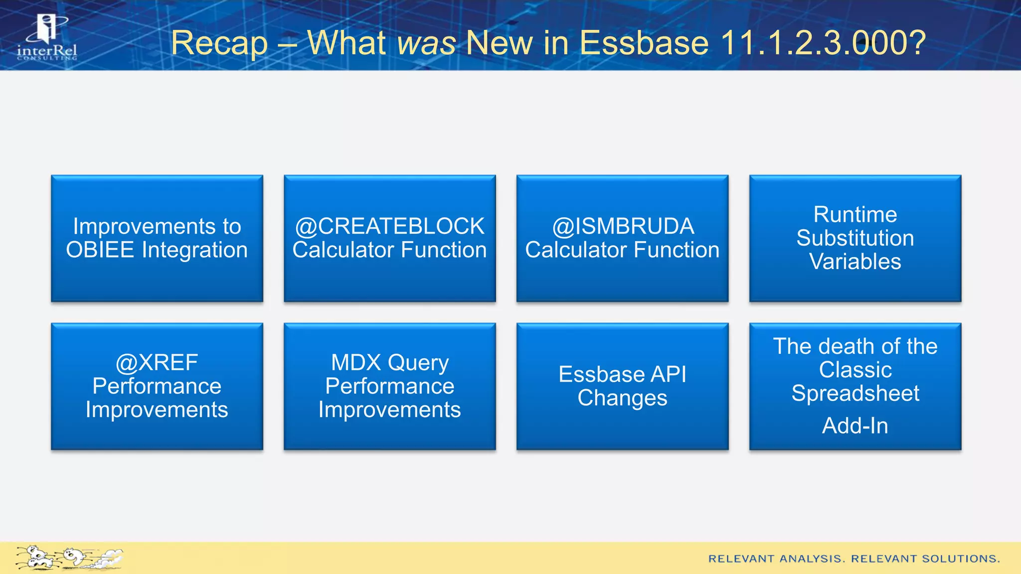 Recap – What was New in Essbase 11.1.2.3.000?
Improvements to
OBIEE Integration
@CREATEBLOCK
Calculator Function
@ISMBRUDA
Calculator Function
Runtime
Substitution
Variables
@XREF
Performance
Improvements
MDX Query
Performance
Improvements
Essbase API
Changes
The death of the
Classic
Spreadsheet
Add-In
 