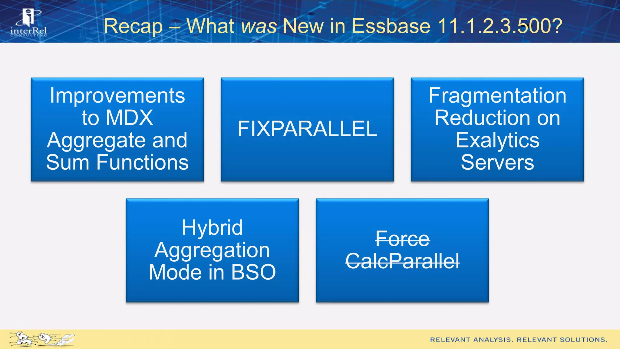 Recap – What was New in Essbase 11.1.2.3.500?
Improvements
to MDX
Aggregate and
Sum Functions
FIXPARALLEL
Fragmentation
Reduction on
Exalytics
Servers
Hybrid
Aggregation
Mode in BSO
Force
CalcParallel
 