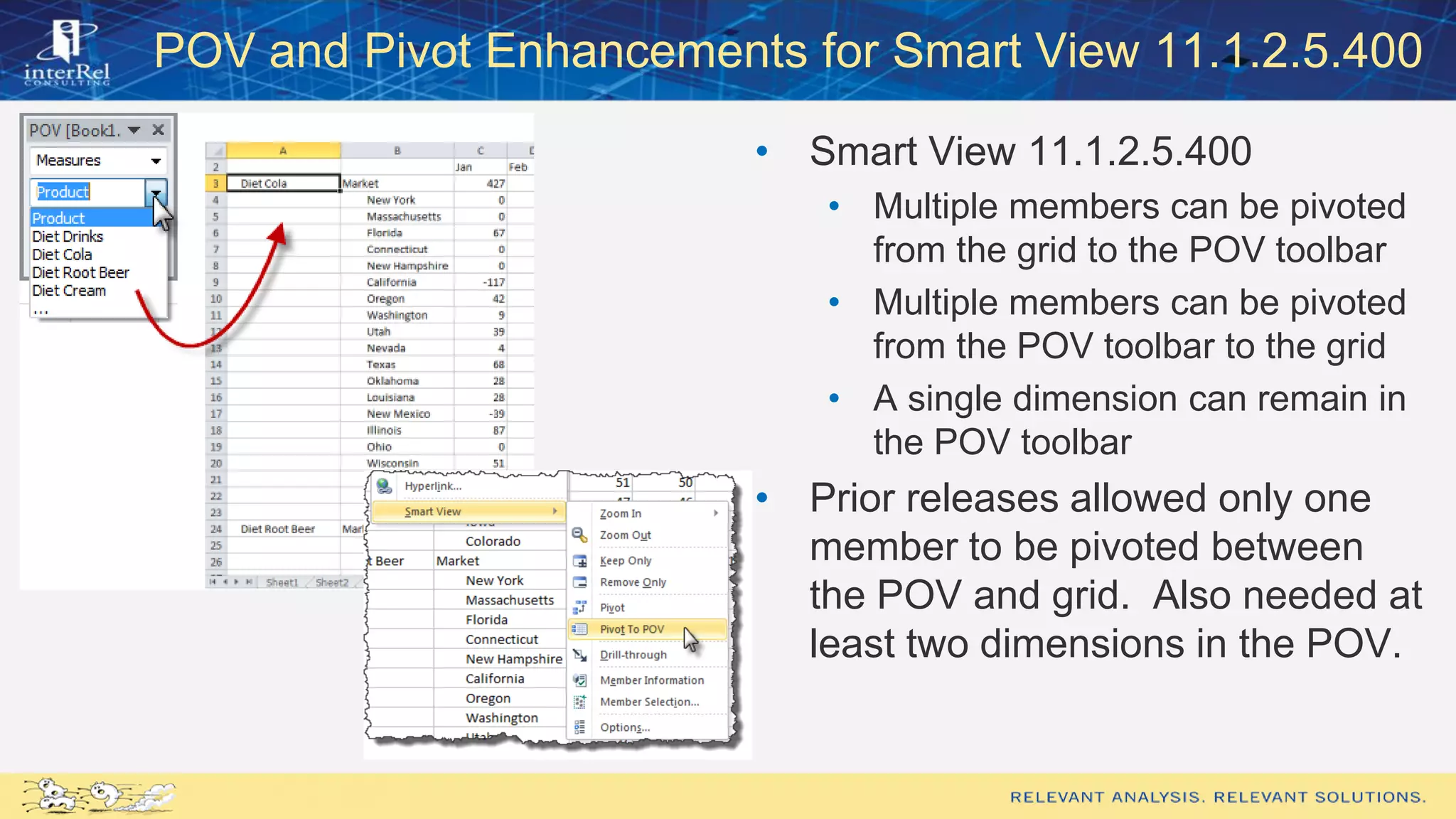 POV and Pivot Enhancements for Smart View 11.1.2.5.400
• Smart View 11.1.2.5.400
• Multiple members can be pivoted
from the grid to the POV toolbar
• Multiple members can be pivoted
from the POV toolbar to the grid
• A single dimension can remain in
the POV toolbar
• Prior releases allowed only one
member to be pivoted between
the POV and grid. Also needed at
least two dimensions in the POV.
 