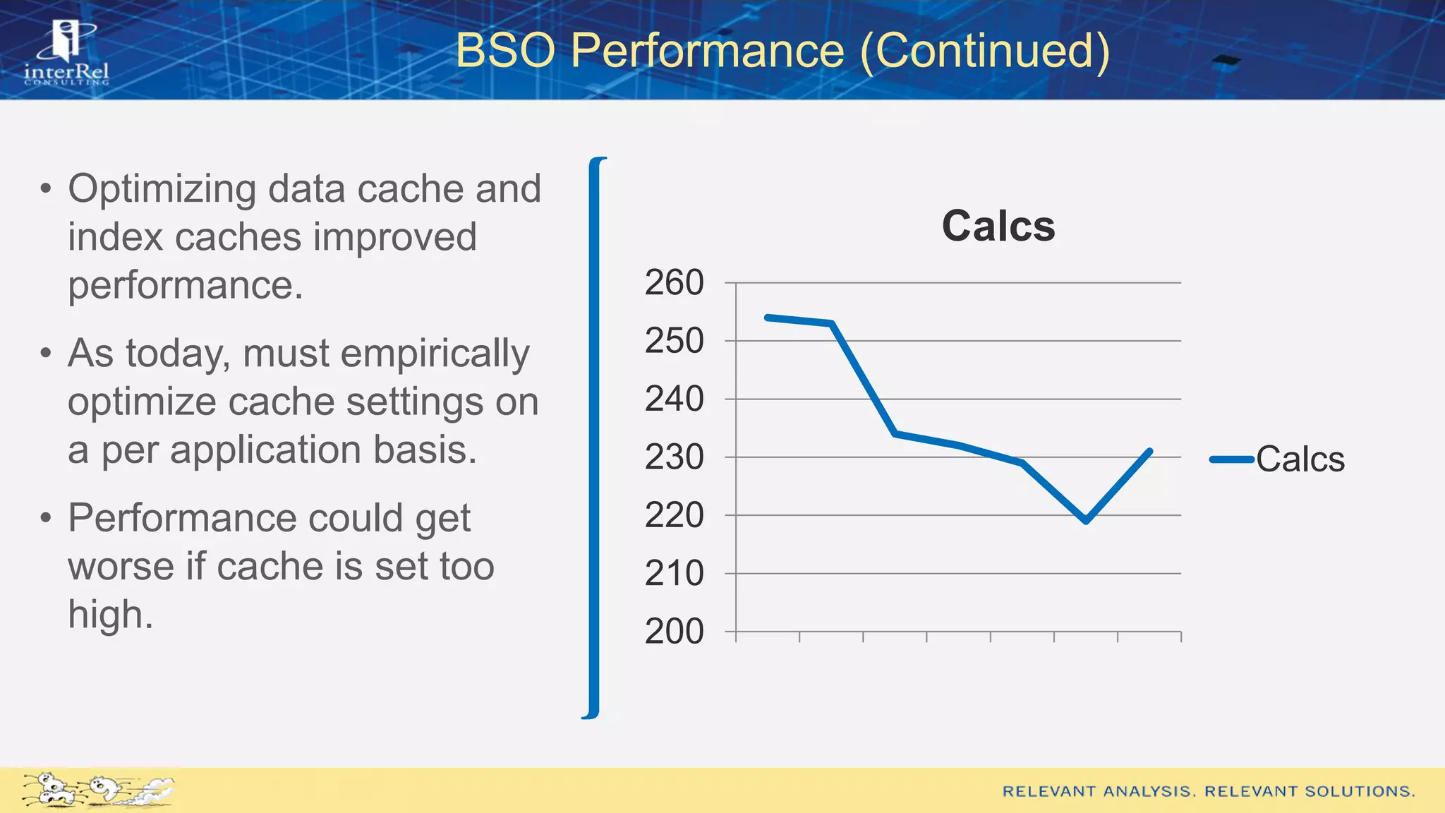 BSO Performance (Continued)
200
210
220
230
240
250
260
Calcs
Calcs
• Optimizing data cache and
index caches improved
performance.
• As today, must empirically
optimize cache settings on
a per application basis.
• Performance could get
worse if cache is set too
high.
 