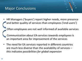 Major Conclusions
• HR Managers (‘buyers’) report higher needs, more presence
and better quality of services than employees (‘end-users’)

Often employees are not well informed of available services
Communication about EA-services towards employees is
an important area for improvement of the services

• The need for EA services reported in different countries
are much less diverse than the availability of services –
this indicates possibilities for global expansion
38

 
