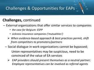 Challenges & Opportunities for EAPs
Challenges, continued
– External organizations that offer similar services to companies
• the case for Belgium: ESPP
• sickness insurance companies (‘mutualities’)

 When evidence-based approach & best practices permit, shift
from competitors to promoters/partners

– Social dialogue in work organizations cannot be bypassed;
Union representatives may be suspicious, need to be
convinced of the value of EA services
 EAP providers should present themselves as a neutral partner;
Employee representatives can be involved as referral agents

 