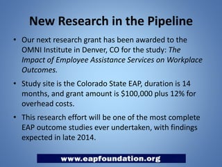 New Research in the Pipeline
• Our next research grant has been awarded to the
OMNI Institute in Denver, CO for the study: The
Impact of Employee Assistance Services on Workplace
Outcomes.
• Study site is the Colorado State EAP, duration is 14
months, and grant amount is $100,000 plus 12% for
overhead costs.
• This research effort will be one of the most complete
EAP outcome studies ever undertaken, with findings
expected in late 2014.

 