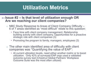  Issue #2 – Is that level of utilization enough OR

Are we reaching our client companies?
o NBC Study Response to Areas of Client Company Difficulty –

6 of 7 areas identified as “most difficult” relate to this question:
• Face time with client company management, Relationship
building activity with client company, Opportunities for a proactive
strategic role with client companies (3)
• Promoting the program to family, managers, employees (3)

o The other main identified area of difficulty with client

companies was “Quantifying the value of EAP”:

• At current utilization levels, need either another metric or to boost
utilization. Only 42% of surveyed EAP orgs used a validated
outcome survey tool (Chestnut Global Partners’ Workplace
Outcome Suite was the most often utilized)

 