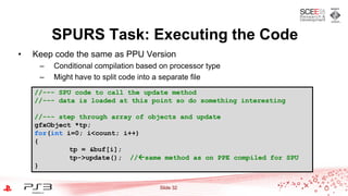 Slide 32
• Keep code the same as PPU Version
– Conditional compilation based on processor type
– Might have to split code into a separate file
SPURS Task: Executing the Code
//--- SPU code to call the update method
//--- data is loaded at this point so do something interesting
//--- step through array of objects and update
gfxObject *tp;
for(int i=0; i<count; i++)
{
tp = &buf[i];
tp->update(); //same method as on PPE compiled for SPU
}
 