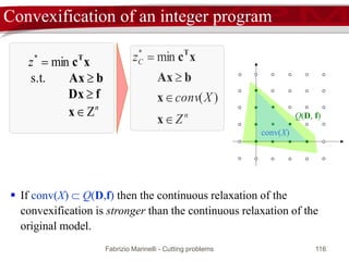 Q(D, f)
Fabrizio Marinelli - Cutting problems 116
Convexification of an integer program
n
z
Z
s.t.
min*




x
fDx
bAx
xcT
conv(X)
 If conv(X)  Q(D,f) then the continuous relaxation of the
convexification is stronger than the continuous relaxation of the
original model.
n
C
Z
Xconv
z




x
x
bAx
xcT
)(
min*
 