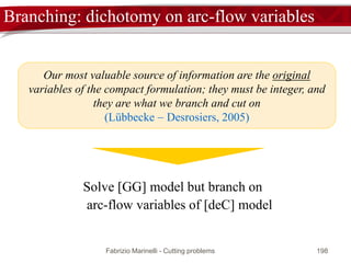 Fabrizio Marinelli - Cutting problems 198
Branching: generalization of Ryan-Foster
 For any fractional solution x* one can always identify a sub-pattern S (i.e. a
set of rows S (branching set) and a set of integers {i, i  S}) such that:
S
j
j
SSj
x αa:
*
down-branching S
j
j
SSj
x αa:
*
 Summation boils down to one (fractional) variable x*
k if the master problem
consists of only maximal cutting patterns and one chooses S = ak
up-branching  1
:
*

S
j
j
SSj
x 
αa
fractional
branching dichotomy on pattern variables
 